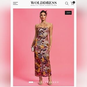 NEVER WORN strapless Floral Sequin Midi Dress in Pink Multi